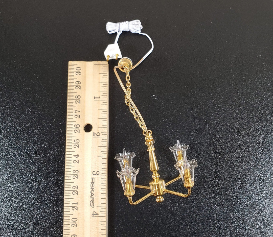Dollhouse 4 Arm Chandelier Light Clear Tulip Shades 12 Volt with Plug 1:12 Scale - MiniatureCrush