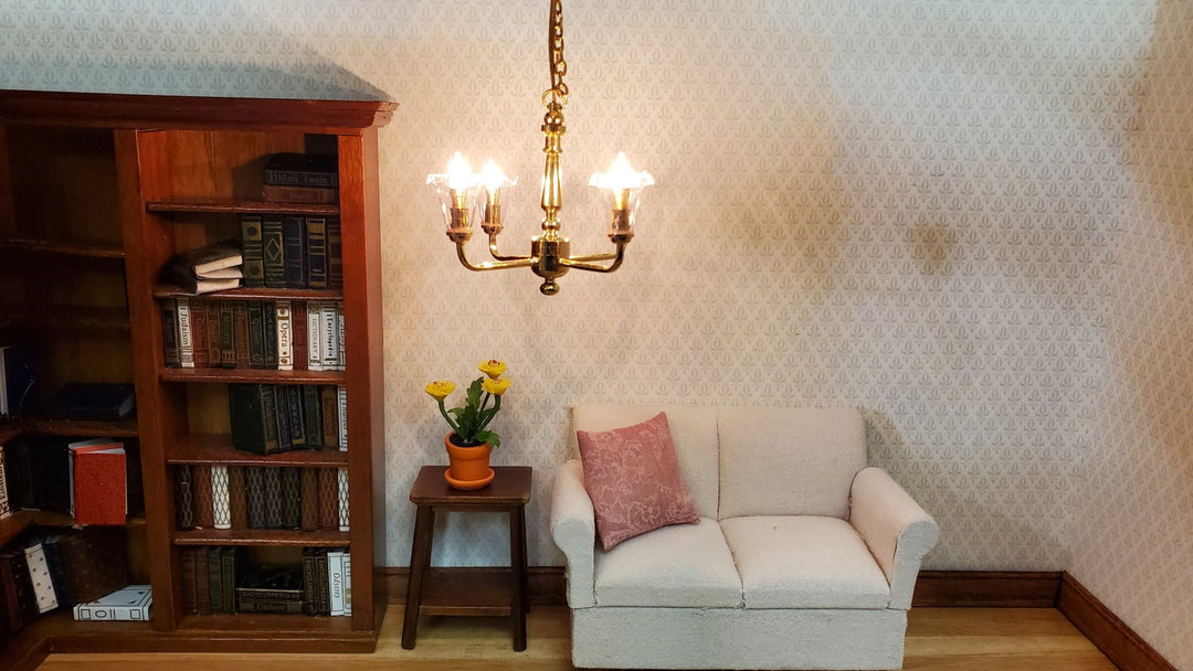 Dollhouse 4 Arm Chandelier Light Clear Tulip Shades 12 Volt with Plug 1:12 Scale - MiniatureCrush