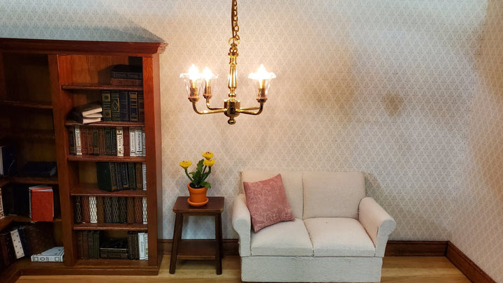 Dollhouse 4 Arm Chandelier Light Clear Tulip Shades 12 Volt with Plug 1:12 Scale - MiniatureCrush