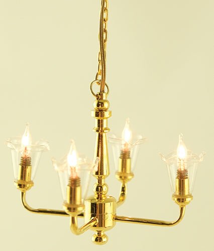 Dollhouse 4 Arm Chandelier Light Clear Tulip Shades 12 Volt with Plug 1:12 Scale - MiniatureCrush