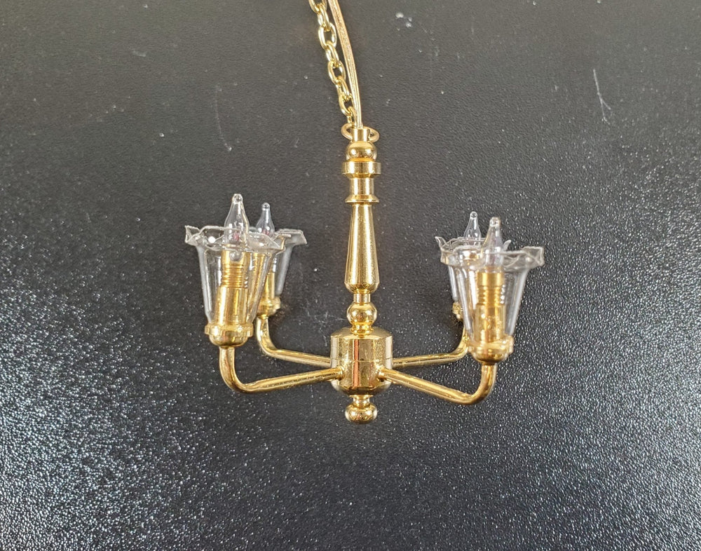 Dollhouse 4 Arm Chandelier Light Clear Tulip Shades 12 Volt with Plug 1:12 Scale - MiniatureCrush