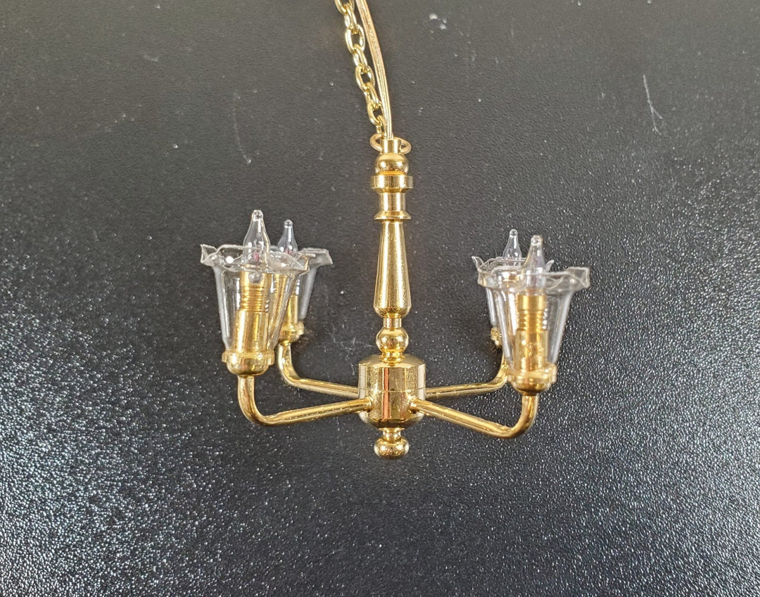 Dollhouse 4 Arm Chandelier Light Clear Tulip Shades 12 Volt with Plug 1:12 Scale - MiniatureCrush