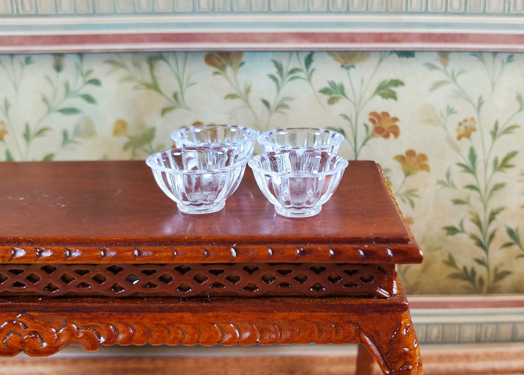 Dollhouse 4 Small Bowls Clear Plastic Fluted Edge 1:12 Scale Miniature Dishes - MiniatureCrush