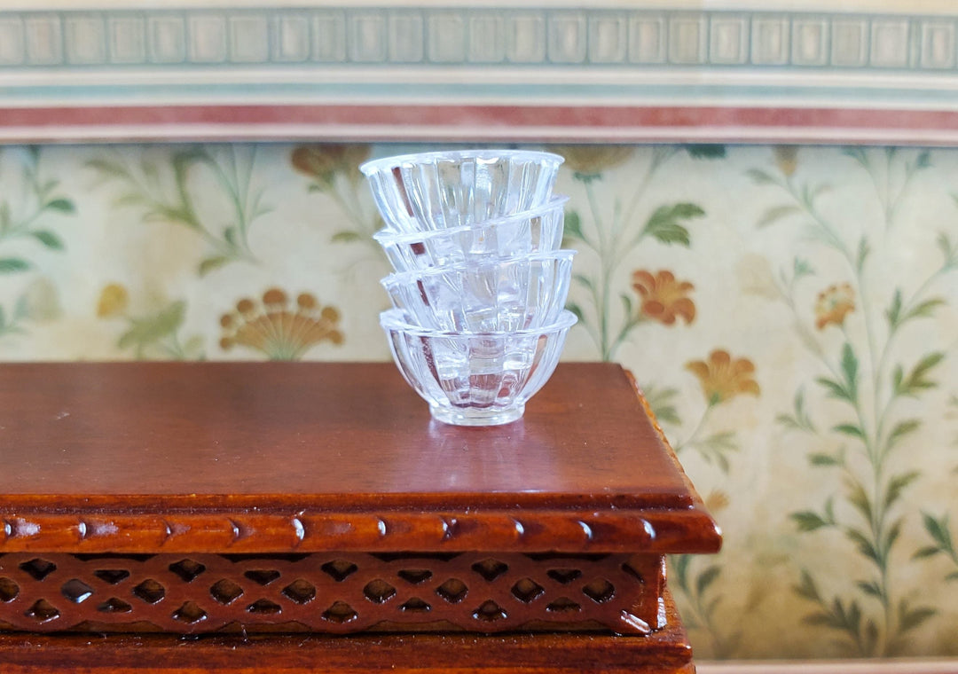 Dollhouse 4 Small Bowls Clear Plastic Fluted Edge 1:12 Scale Miniature Dishes - MiniatureCrush