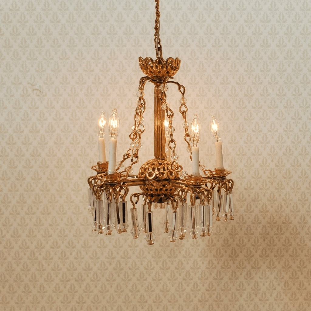 Dollhouse 5 Arm Crystal Chandelier with Chains Handmade 12 Volt 1:12 Scale - MiniatureCrush