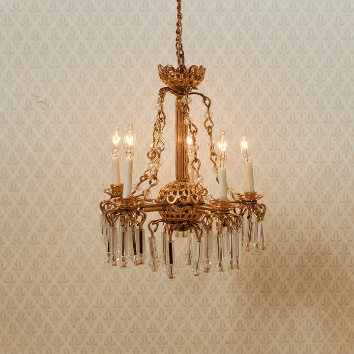 Dollhouse 5 Arm Crystal Chandelier with Chains Handmade 12 Volt 1:12 Scale - MiniatureCrush