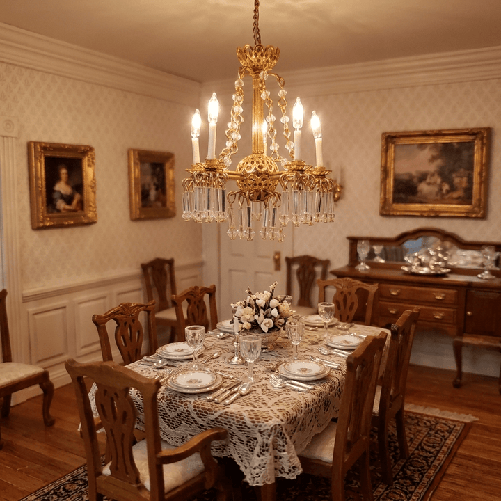 Dollhouse 5 Arm Crystal Chandelier with Chains Handmade 12 Volt 1:12 Scale - MiniatureCrush