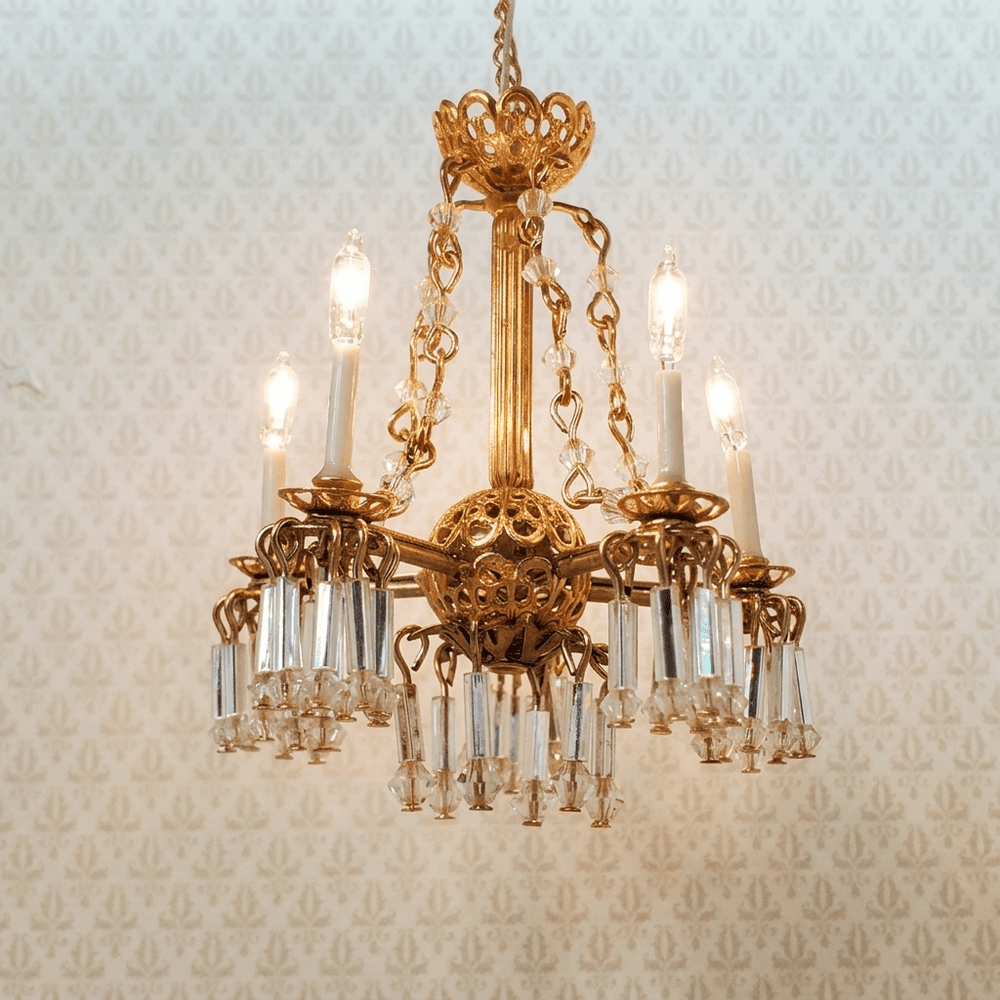 Dollhouse 5 Arm Crystal Chandelier with Chains Handmade 12 Volt 1:12 Scale - MiniatureCrush