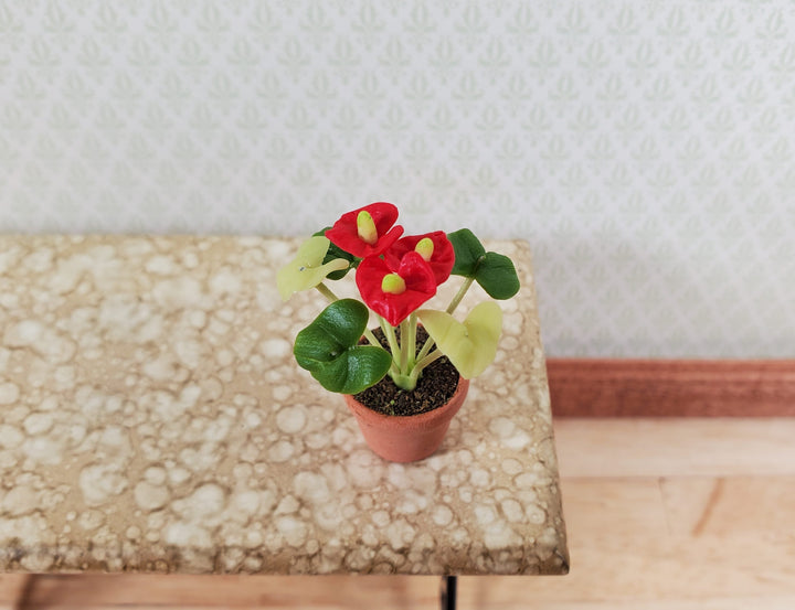 Dollhouse Anthurium Flamingo Flower in Terra Cotta Planter 1:12 Scale Houseplant - MiniatureCrush