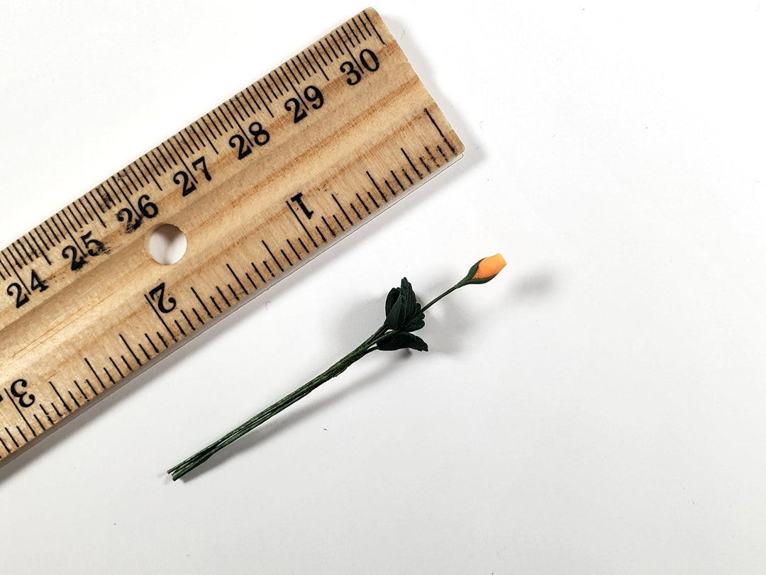 Dollhouse Apricot Rose Bud Single Stem with Foliage 1:12 Scale Miniature - MiniatureCrush