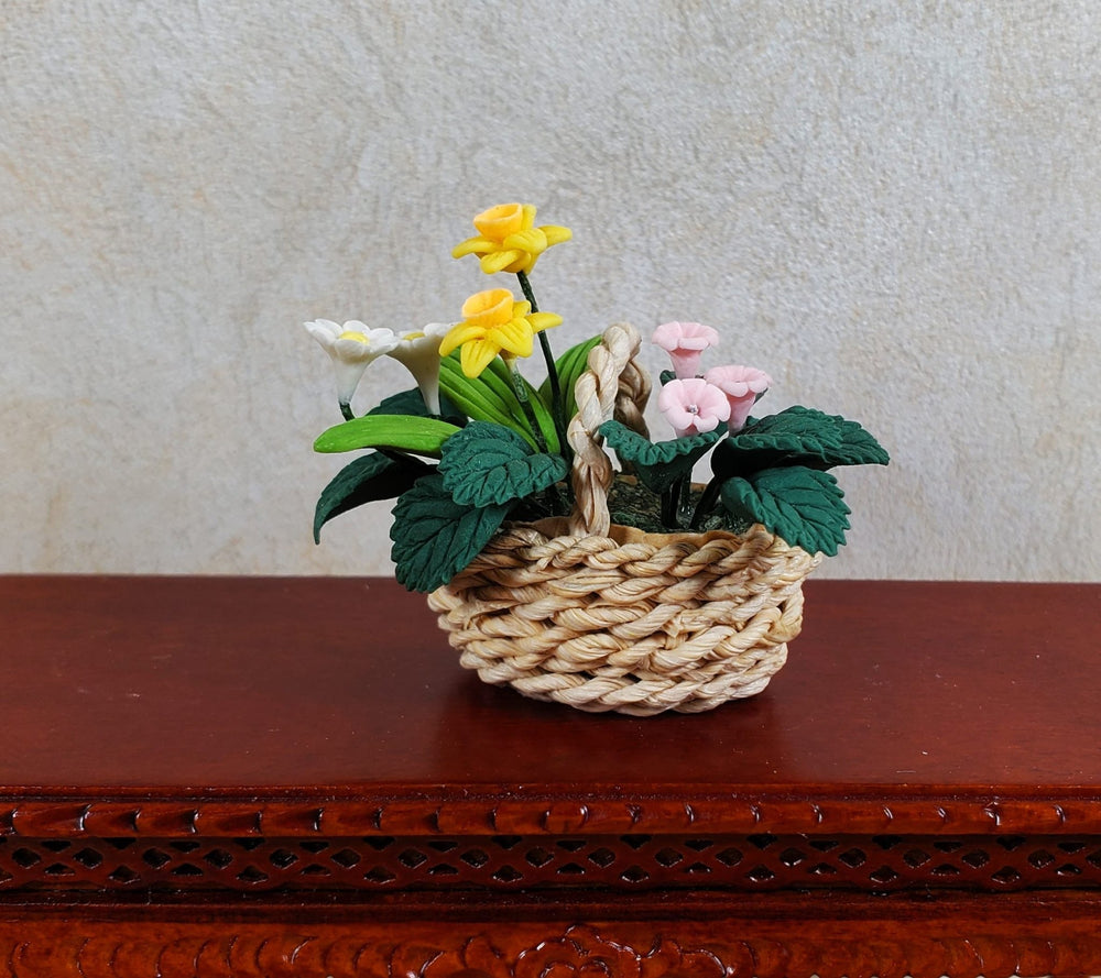 Dollhouse Assorted Spring Flowers in a Natural Fiber Basket 1:12 Scale Miniature - MiniatureCrush