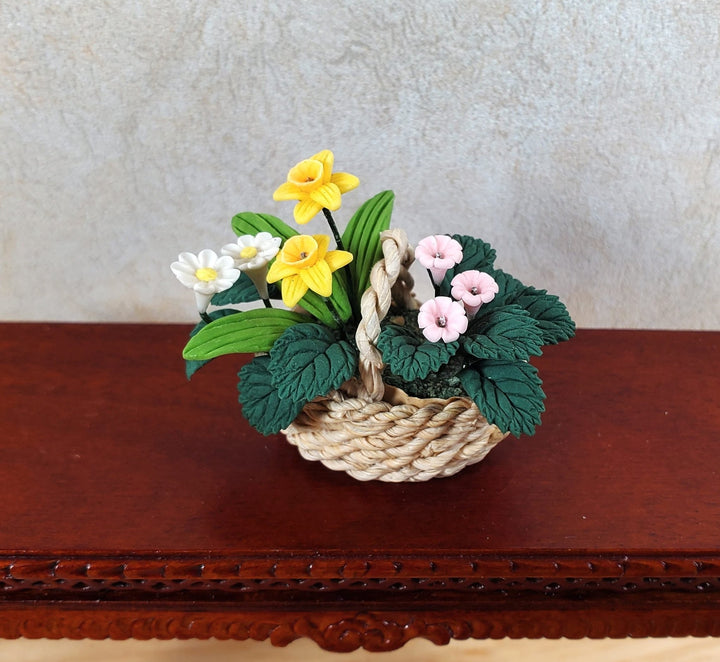 Dollhouse Assorted Spring Flowers in a Natural Fiber Basket 1:12 Scale Miniature - MiniatureCrush