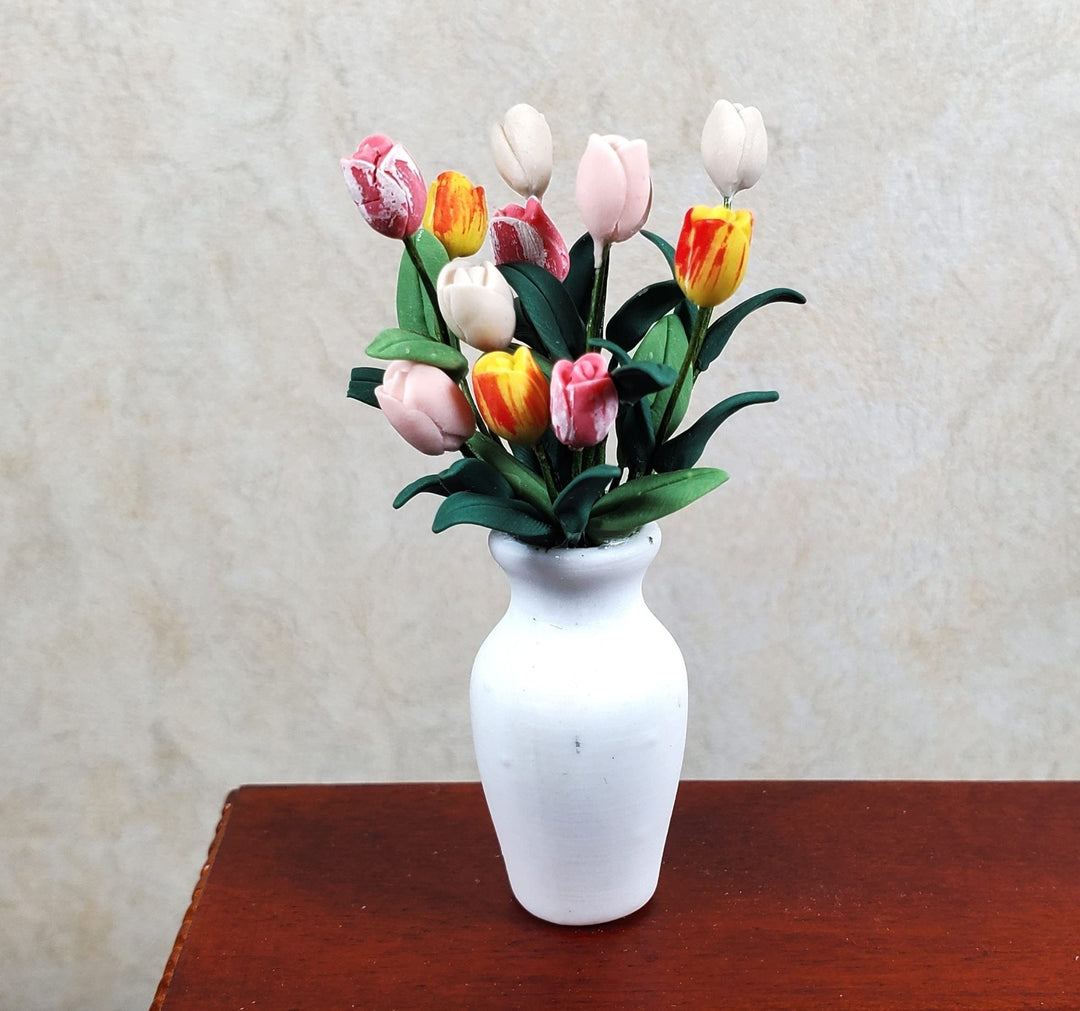 Dollhouse Assorted Tulips with Foliage in Large White Vase 1:12 Scale Miniature - MiniatureCrush