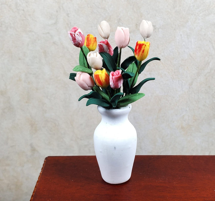 Dollhouse Assorted Tulips with Foliage in Large White Vase 1:12 Scale Miniature - MiniatureCrush