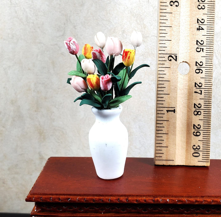 Dollhouse Assorted Tulips with Foliage in Large White Vase 1:12 Scale Miniature - MiniatureCrush