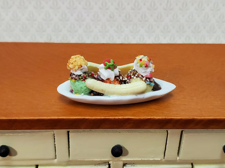 Dollhouse Banana Split Ice Cream Sundae 3 Scoops LARGE Miniature Dessert Food - MiniatureCrush