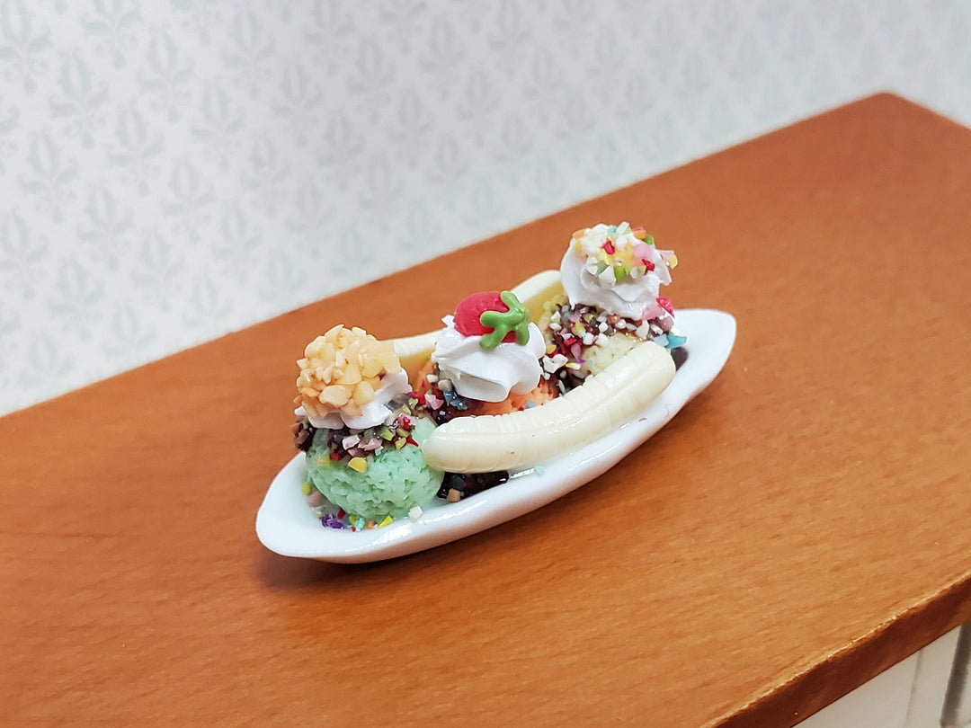Dollhouse Banana Split Ice Cream Sundae 3 Scoops LARGE Miniature Dessert Food - MiniatureCrush