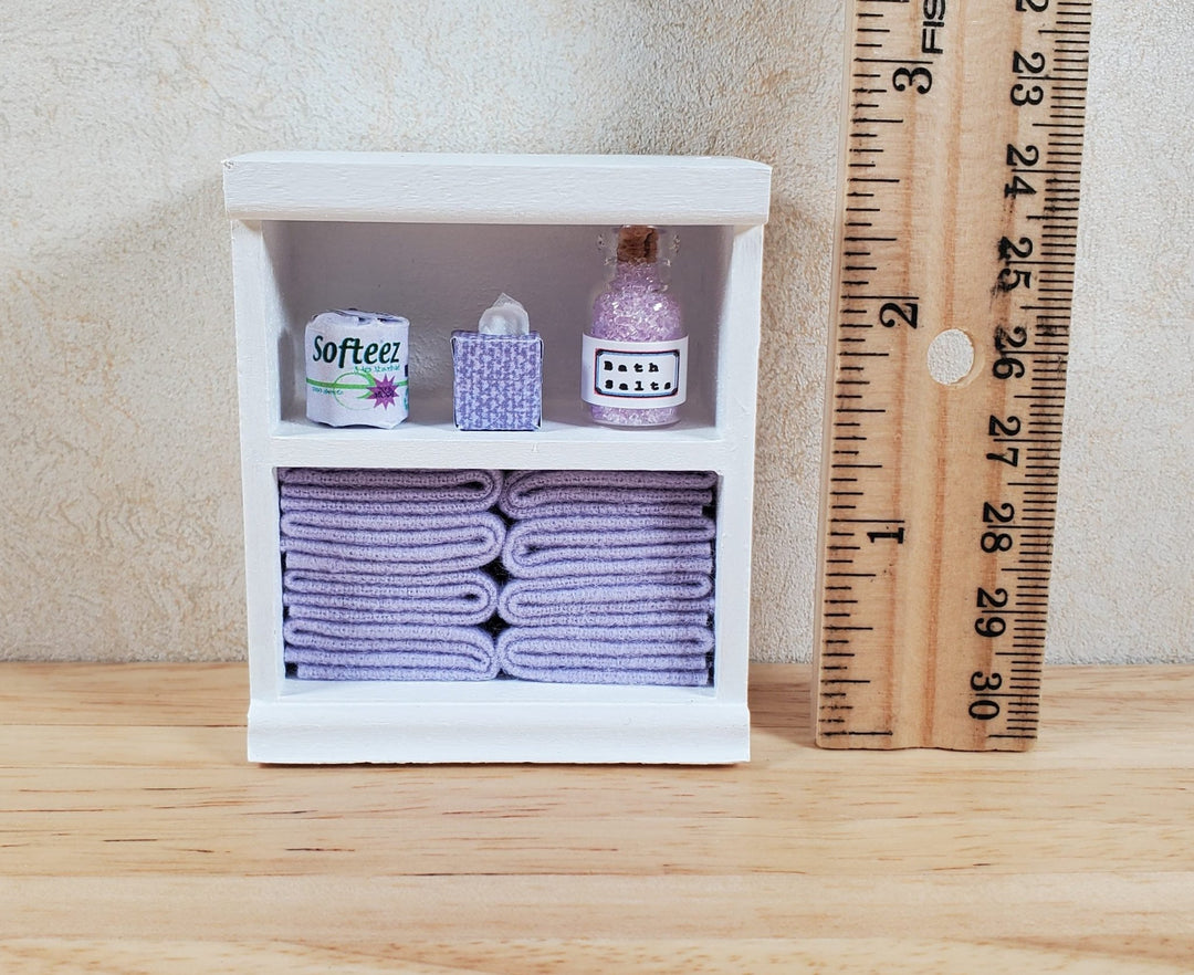Dollhouse Bathroom Shelf with Purple Towels & Accessories 1:12 Scale Handmade - MiniatureCrush