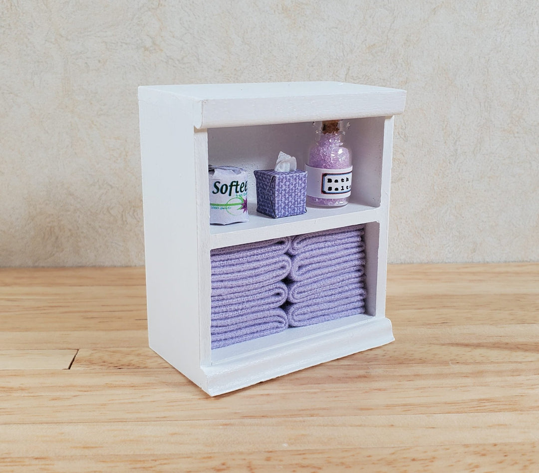 Dollhouse Bathroom Shelf with Purple Towels & Accessories 1:12 Scale Handmade - MiniatureCrush
