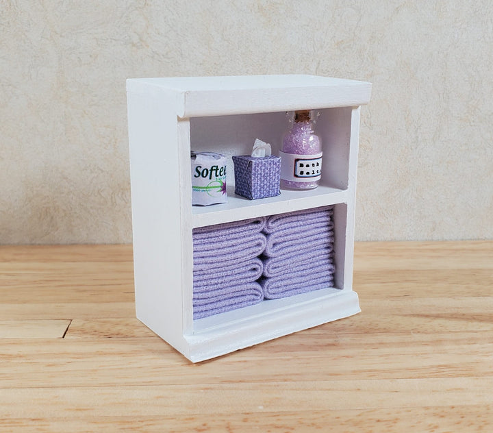 Dollhouse Bathroom Shelf with Purple Towels & Accessories 1:12 Scale Handmade - MiniatureCrush