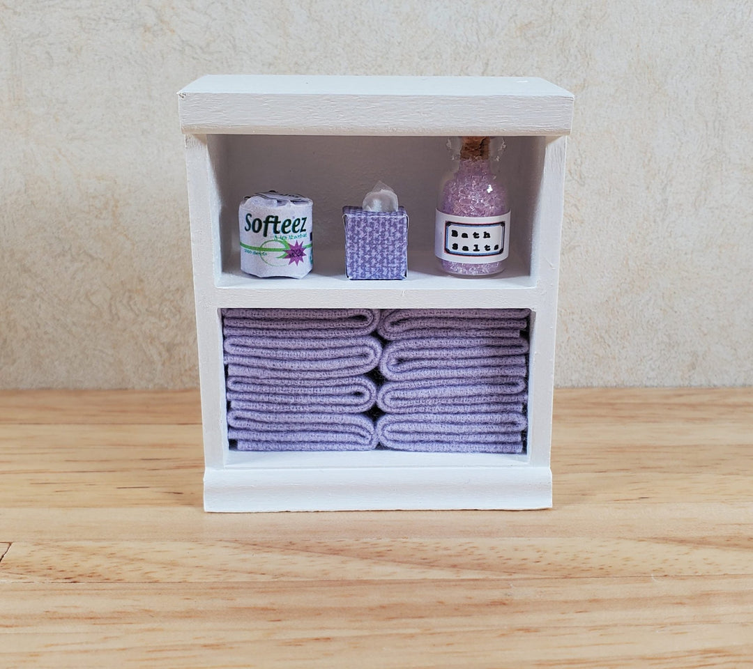 Dollhouse Bathroom Shelf with Purple Towels & Accessories 1:12 Scale Handmade - MiniatureCrush