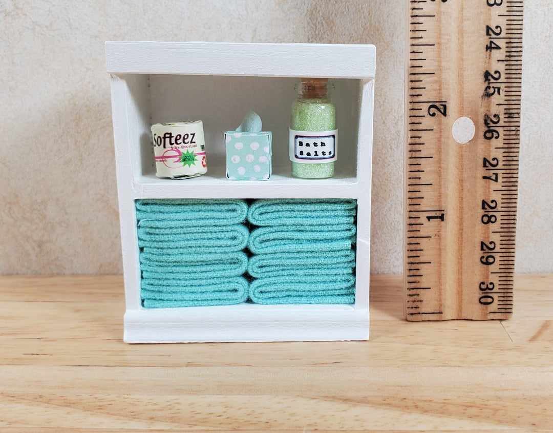 Dollhouse Bathroom Shelf with Teal Towels & Accessories 1:12 Scale Handmade - MiniatureCrush