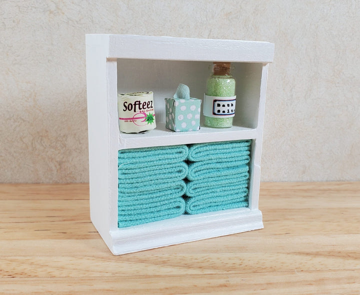 Dollhouse Bathroom Shelf with Teal Towels & Accessories 1:12 Scale Handmade - MiniatureCrush