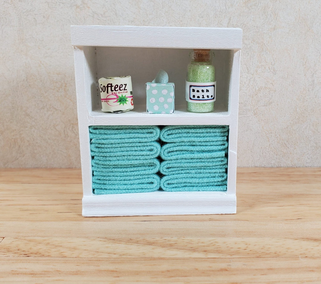 Dollhouse Bathroom Shelf with Teal Towels & Accessories 1:12 Scale Handmade - MiniatureCrush