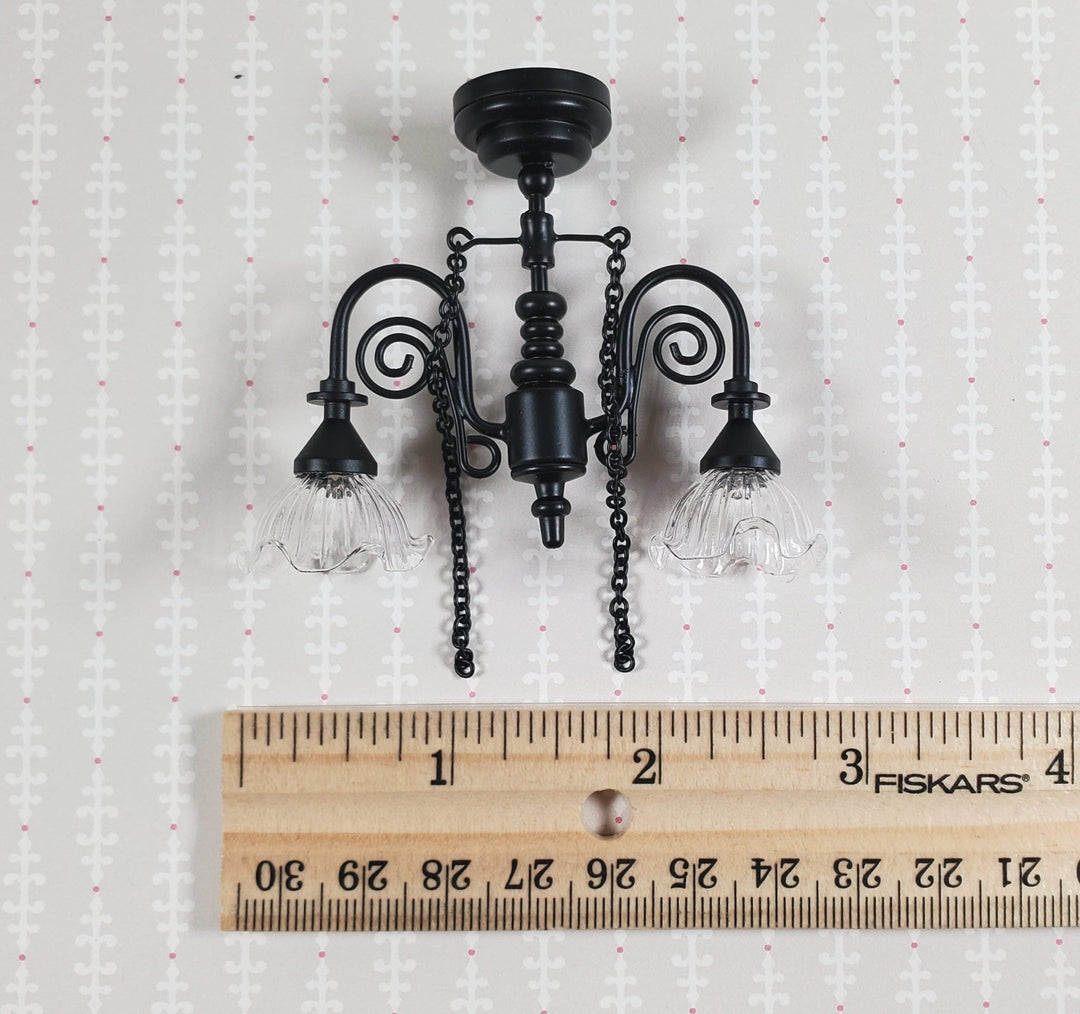 Dollhouse Battery Ceiling Light Victorian 2 Arm Chandelier 1:12 Scale Black - Miniature Crush