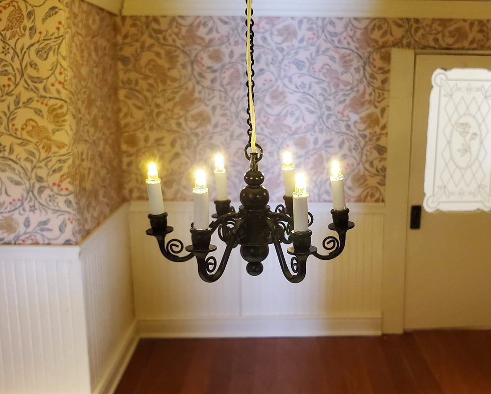 Dollhouse Battery Chandelier Light 6 Arm Black Scroll 1:12 Scale Miniature Lamp - MiniatureCrush