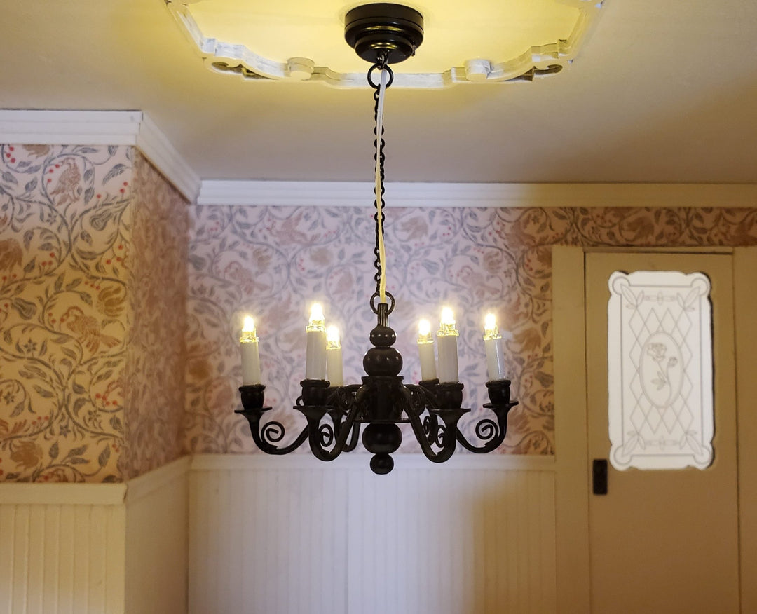 Dollhouse Battery Chandelier Light 6 Arm Black Scroll 1:12 Scale Miniature Lamp - MiniatureCrush