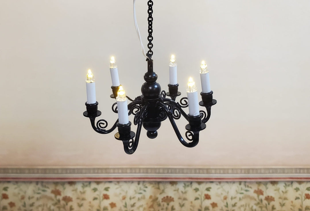 Dollhouse Battery Chandelier Light 6 Arm Black Scroll 1:12 Scale Miniature Lamp - MiniatureCrush