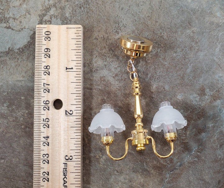 Dollhouse Battery Light 2 Arm Ceiling Chandelier Flower Shades 1:12 Scale - Miniature Crush