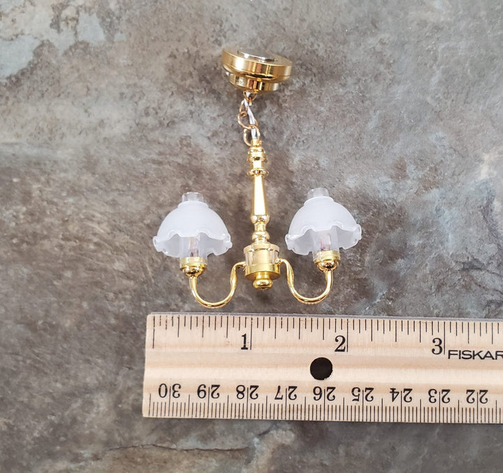 Dollhouse Battery Light 2 Arm Ceiling Chandelier Flower Shades 1:12 Scale - Miniature Crush