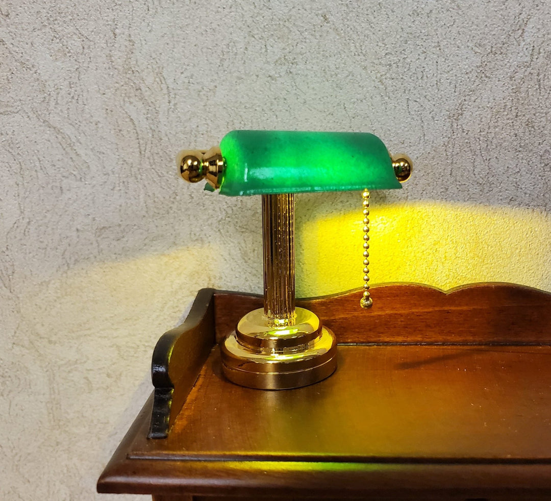 Dollhouse Battery Light Bankers Desk Table Lamp Green Shade 1:12 Scale Miniature - MiniatureCrush