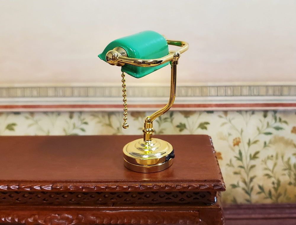 Dollhouse Battery Light Bankers Desk Table Lamp Green Shade 1:12 Scale Miniature - MiniatureCrush