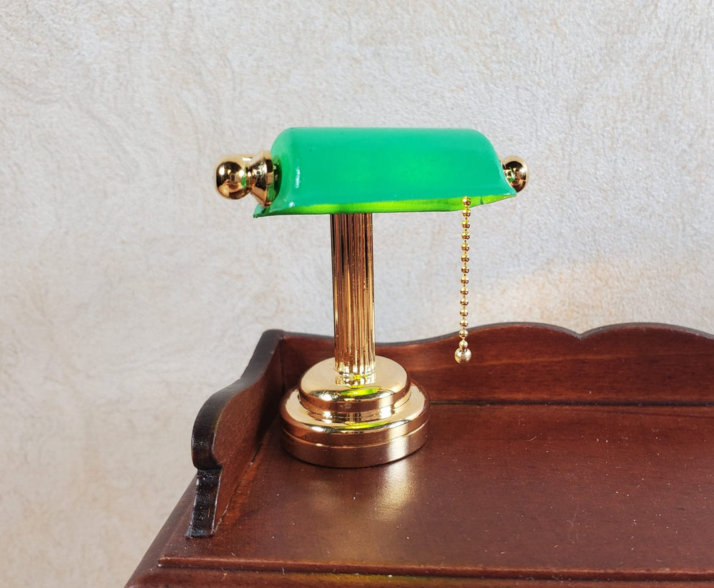 Dollhouse Battery Light Bankers Desk Table Lamp Green Shade 1:12 Scale Miniature - MiniatureCrush