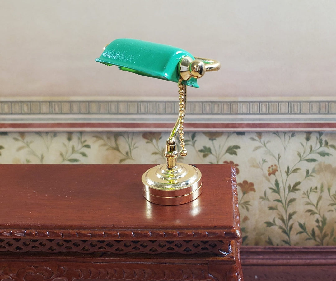 Dollhouse Battery Light Bankers Desk Table Lamp Green Shade 1:12 Scale Miniature - MiniatureCrush