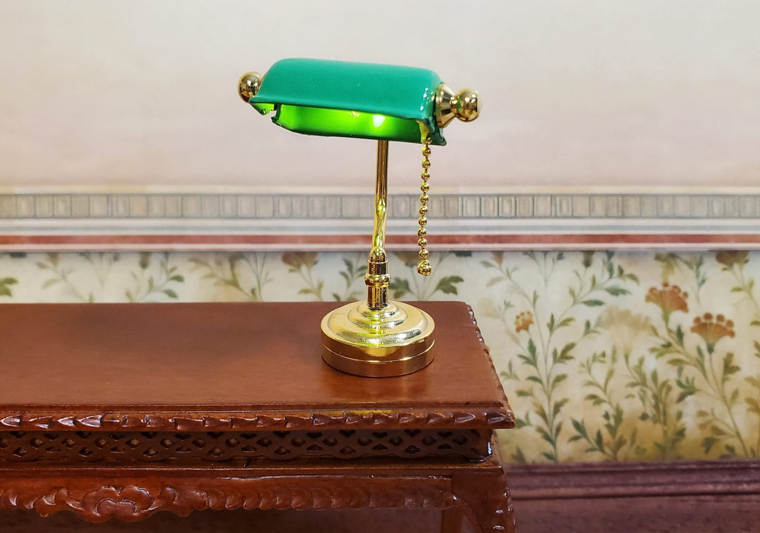 Dollhouse Battery Light Bankers Desk Table Lamp Green Shade 1:12 Scale Miniature - MiniatureCrush