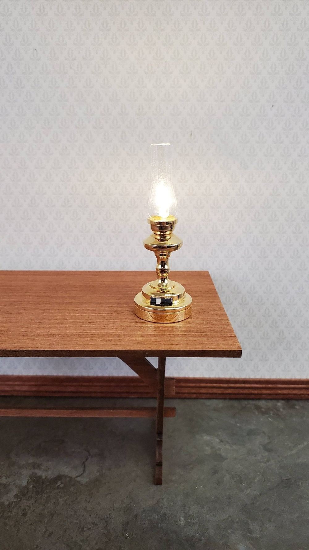Dollhouse Battery Light Hurricane Table Lamp Gold 1:12 Scale Miniature Lantern - MiniatureCrush