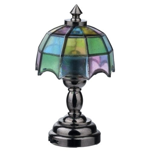 Dollhouse Battery Light Table Lamp Stained Glass Style Dark Nickel Base 1:12 - MiniatureCrush