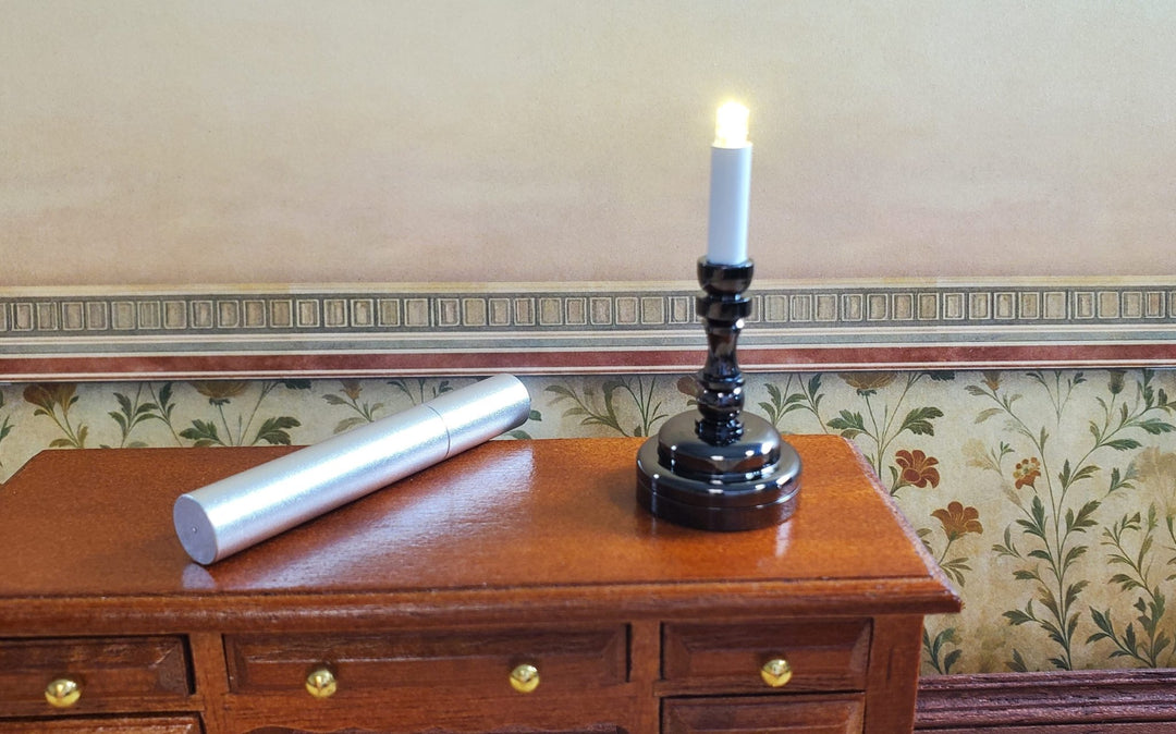 Dollhouse Battery Light with Wand Candlestick Large Black 1:12 or 1/6 Scale Lamp - MiniatureCrush