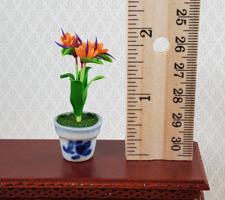 Dollhouse Bird of Paradise Flowers Blue & White Ceramic Pot 1:12 Scale Miniature - Miniature Crush