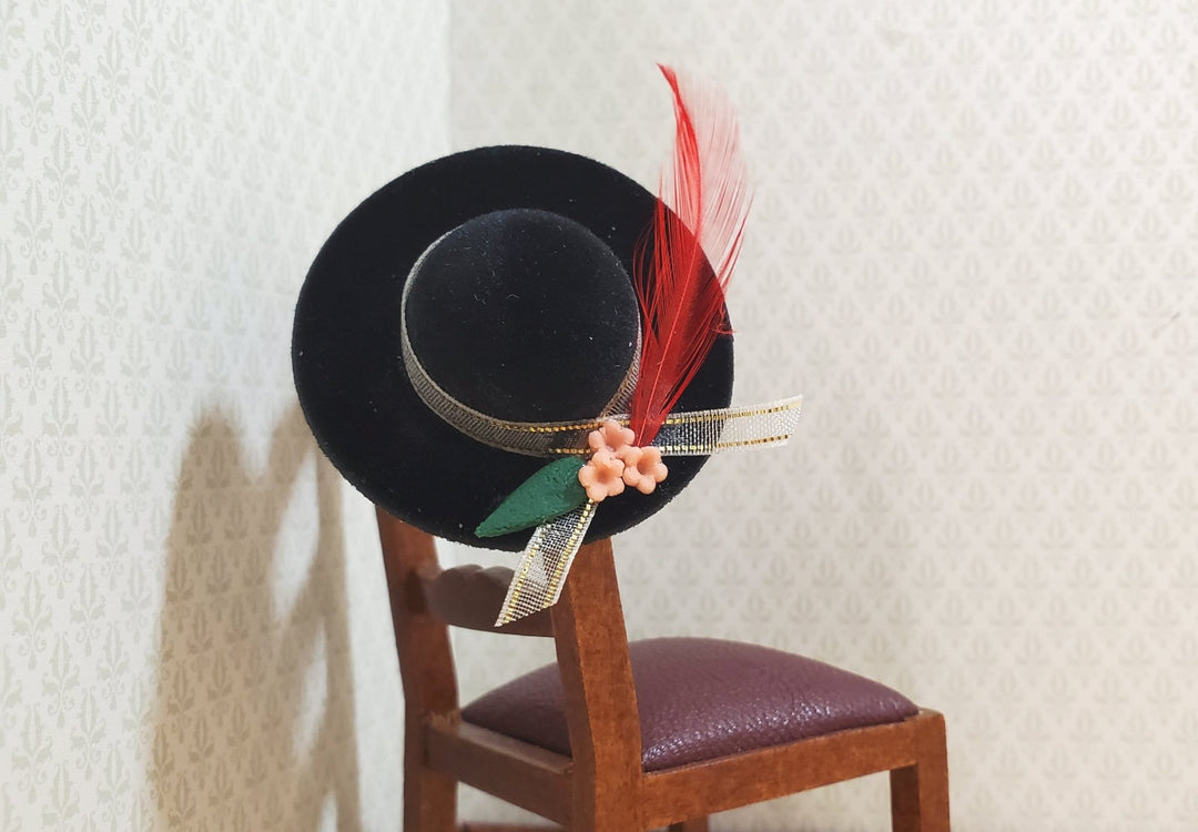Dollhouse Black Velvet Hat with Feather & Flowers Wearable 1:12 Scale Miniature - MiniatureCrush