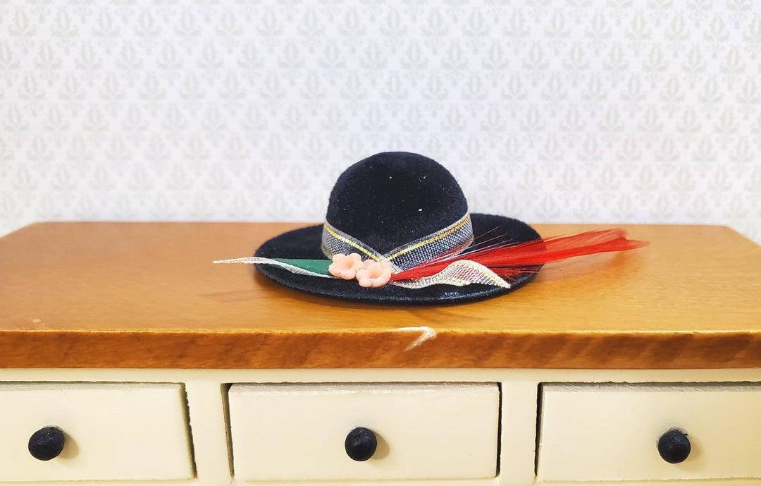 Dollhouse Black Velvet Hat with Feather & Flowers Wearable 1:12 Scale Miniature - MiniatureCrush