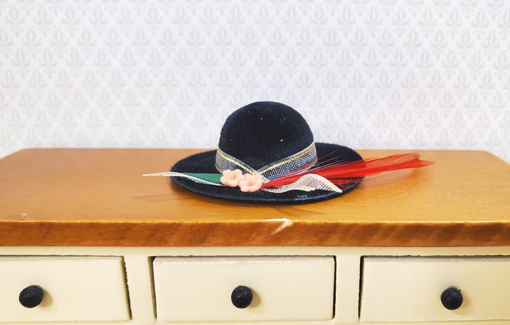 Dollhouse Black Velvet Hat with Feather & Flowers Wearable 1:12 Scale Miniature - MiniatureCrush