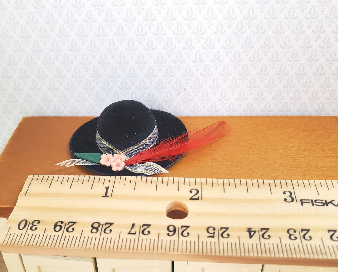 Dollhouse Black Velvet Hat with Feather & Flowers Wearable 1:12 Scale Miniature - MiniatureCrush
