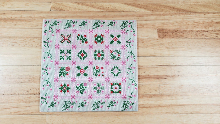 Dollhouse Blanket or Rug Carpet Pink Beige Green Woven Fabric 1:12 Scale Miniature - MiniatureCrush