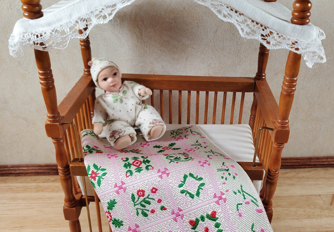 Dollhouse Blanket or Rug Carpet Pink Beige Green Woven Fabric 1:12 Scale Miniature - MiniatureCrush