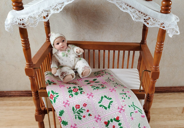 Dollhouse Blanket or Rug Carpet Pink Beige Green Woven Fabric 1:12 Scale Miniature - MiniatureCrush